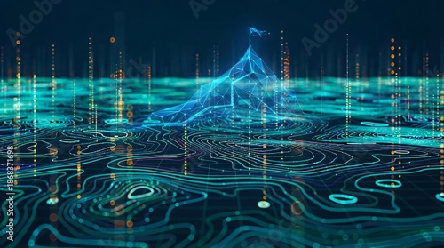 Futuristic digital landscape with glowing blue mountain and circuit board design