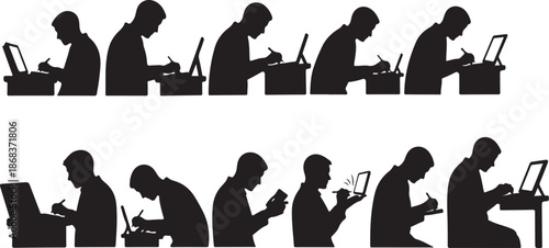 Silhouette of man working on laptop and phone
