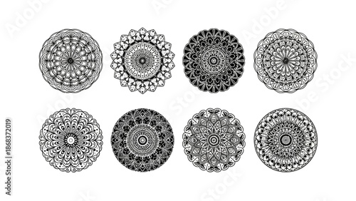 Set of eight intricate black and white mandala designs showcasing detailed geometric patterns and