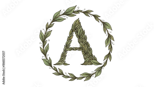 Elegant botanical illustration of the letter A encased in a leafy wreath design emphasizing nature