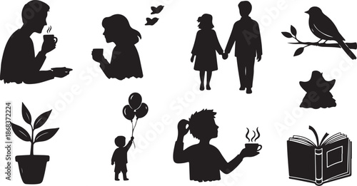Silhouette icons of people and daily life activities