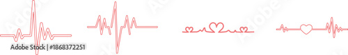 Heart Rhythm Icon set. Electrocardiogram, ECG - EKG signal, Heart Beat pulse line concept design element. Heartbeat line, pulse, cardiogram, medical health care, heart rhythm, red outline vector.