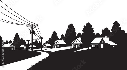 Rural Village Landscape with Power Lines Silhouette