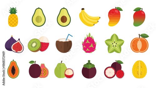 Vibrant Collection of Tropical Fruits including Pineapple, Mango, Avocado, Banana and Dragon Fruit