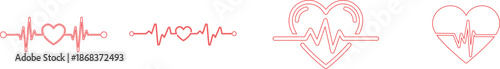 Heart Rhythm Icon set. Electrocardiogram, ECG - EKG signal, Heart Beat pulse line concept design element. Heartbeat line, pulse, cardiogram, medical health care, heart rhythm, red outline vector.