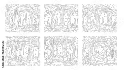 Intricate Line Drawing of a Mysterious Forest Scene with Tall Trees and Hidden Creatures