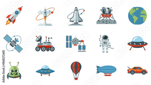 Collection of Space Exploration and Drone Technology Icons in Flat Design