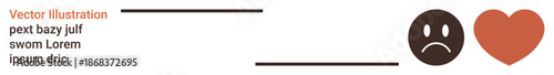 Emotions, communication, mental well-being, relationships, expression, contrast. A sad face icon beside a heart symbol and horizontal text lines. Emotions and communication concepts in modern graphic