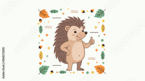 A cute cartoon hedgehog giving a thumbs-up gesture, surrounded by a decorative border of autumn leaves and acorns on a white background.