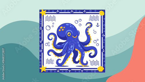 Vibrant blue cartoon octopus illustration in a decorative nautical-themed square frame with waves and anchors, set against a modern wavy background.