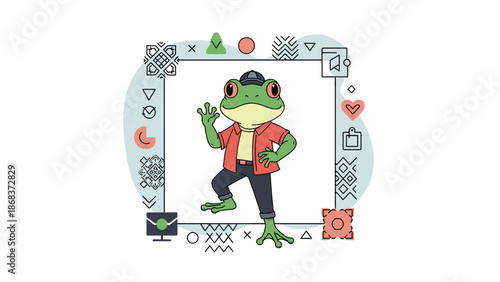 A cartoon frog wearing headphones and a red shirt standing in a frame.