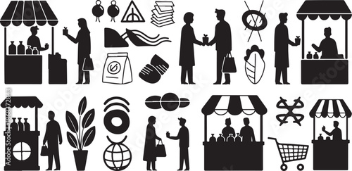 Black Silhouette Icons of People Shopping and Selling Goods