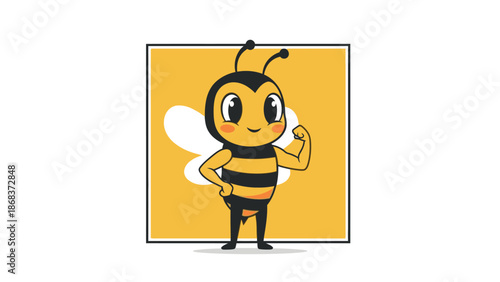 Cute cartoon bee character flexing bicep, showing strength and confidence, standing against a yellow background with a white wing shape.