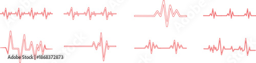 Heart Rhythm Icon set. Electrocardiogram, ECG - EKG signal, Heart Beat pulse line concept design element. Heartbeat line, pulse, cardiogram, medical health care, heart rhythm, red outline vector.