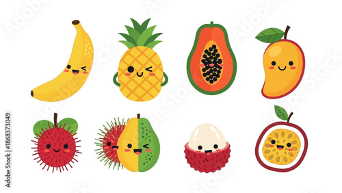 Colorful Cartoon Fruits Collection Featuring Pineapple Banana and Passion Fruit