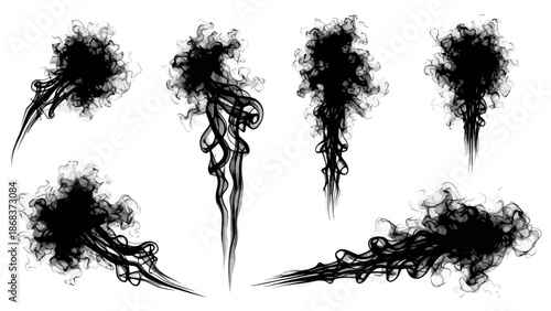 Diverse Artistic Smoke Plume Illustrations Showcasing Different Shapes and Movements