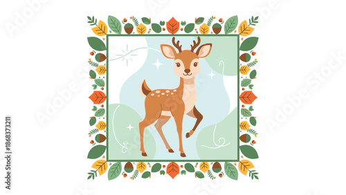 Cute cartoon fawn with small antlers standing in a gentle forest scene, framed by a decorative border of colorful autumn leaves and berries.