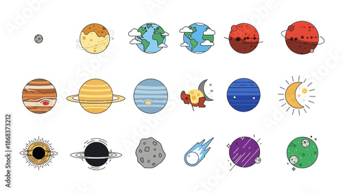 Colorful and playful illustrated solar system planets with space objects and celestial bodies