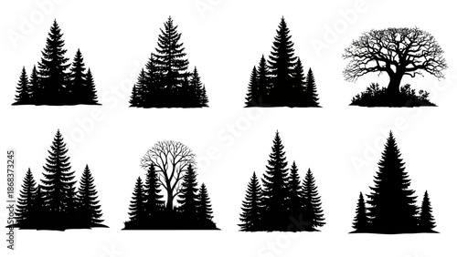 Collection of Various Tree Silhouettes Featuring Pine Trees and a Deciduous Tree in Different