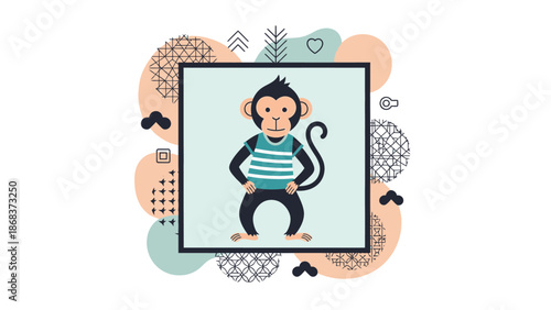 Cute cartoon monkey wearing a striped shirt in a square frame with abstract pastel shapes and patterns in the background.