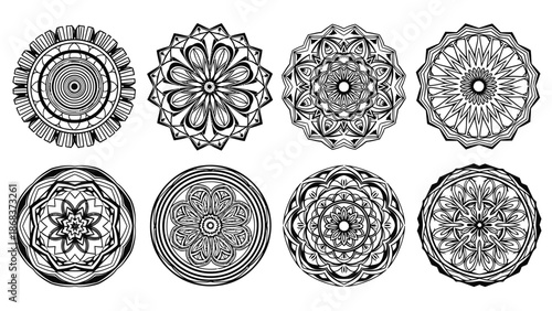 Collection of intricate black and white mandala patterns with diverse geometric designs