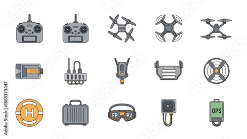 Collection of various drone and technology icons including controllers and GPS devices