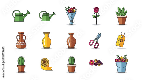 Collection of gardening tools, potted plants, flowers and accessories for plant care and decoration