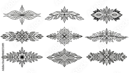 Set of nine intricate black and white floral and geometric decorative patterns for design projects