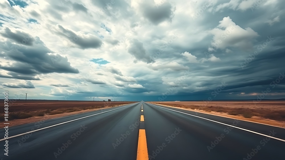 Fototapeta premium vanishing. An empty road stretches under a cloudy sky, leading to a distant vanishing point with calm ambiance. travel magazines, destination branding, designed for travel destination branding.
