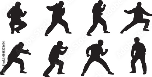 Silhouette of a man in various fighting poses