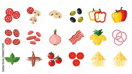 Assorted fresh vegetables and ingredients including mushrooms peppers garlic tomatoes and pasta