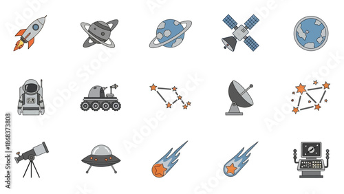 Collection of space exploration icons including rockets planets satellites and telescopes for