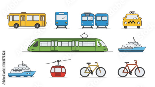 Collection of various public transport vehicles including trains bicycles boats and taxis