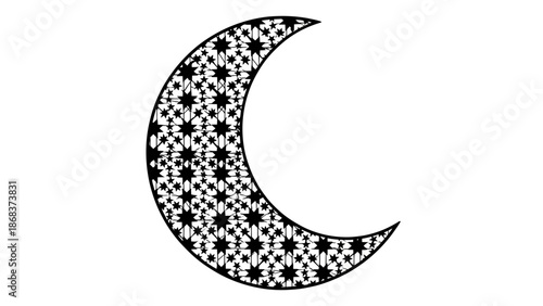 Decorative Islamic Crescent Moon Illustration with Floral Pattern in Black and White Design for