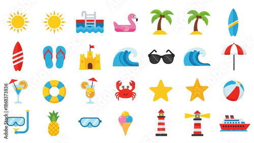 Collection of colorful summer vacation icons depicting water activities, beaches, and tropical