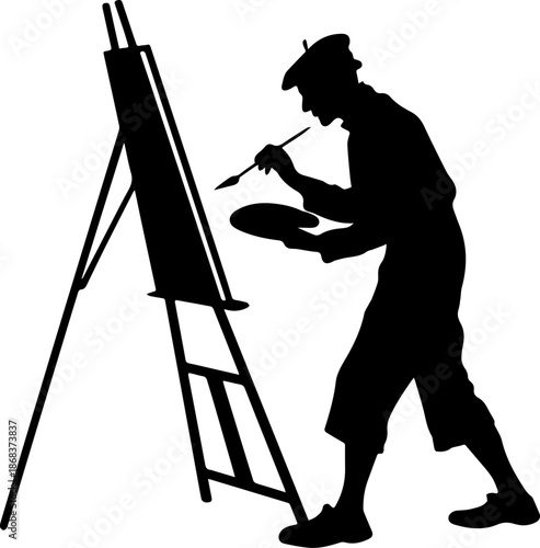 Painter at Easel Black and White Silhouette Vector Illustration