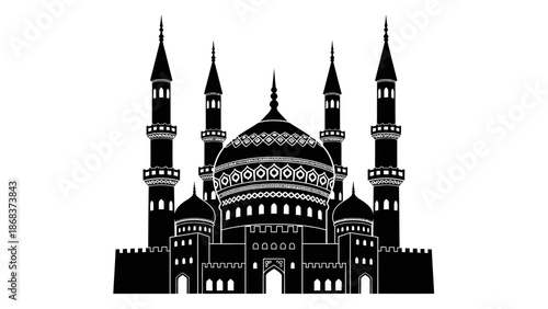 Silhouette of a Majestic Islamic Mosque with Multiple Minarets and Dome Structure