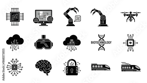 Futuristic technology icons representing robotics artificial intelligence and biotechnology in a