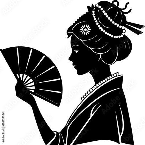 Woman With Fan Black and White Vector Illustration