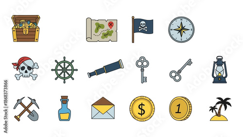 Collection of classic pirate-themed icons including treasure chest map flag and nautical equipment