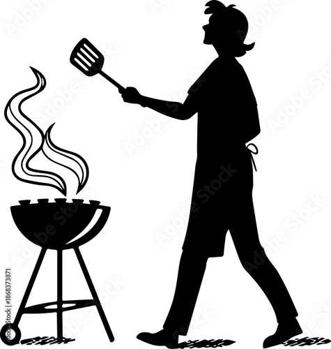 Man Grilling Barbecue Black and White Silhouette Vector Illustration
