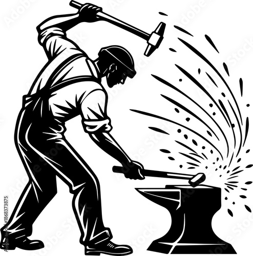 Blacksmith Forging Metal Black and White Vector Illustration