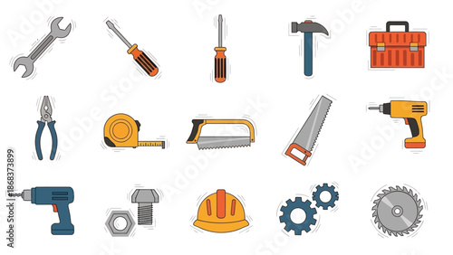 Collection of various hand tools and power tools icons for construction and DIY projects