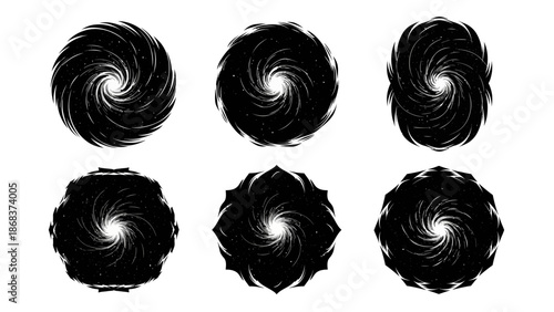 Abstract black and white swirling vortex patterns with six variations in a grid layout for