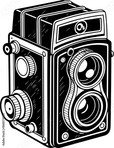 Vintage Twin Lens Camera Black and White Vector Illustration