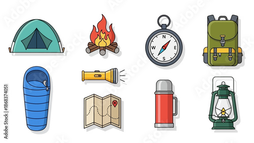 Essential Camping and Hiking Gear Illustration with Tent, Map, Backpack and Lantern