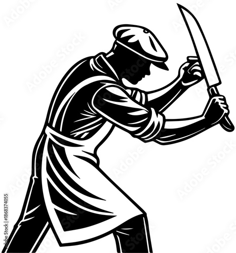 Meat Cutter With Cleaver Black and White Vector Illustration