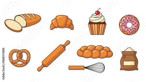 Assortment of bakery and sweet treats including bread croissant cupcake and more