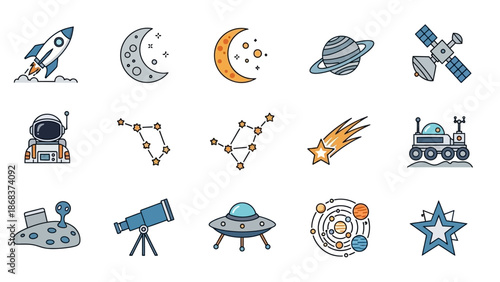 Space Exploration and Celestial Bodies Illustration Featuring Rockets Planets Stars and Satellites