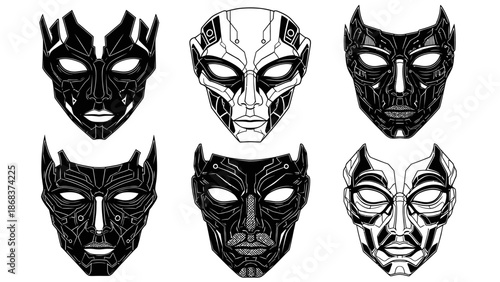 _collection of six digital fantasy character masks with robotic and feline features in black and